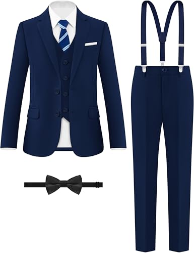 Image of Boys Navy Blue Suit 5 Pieces Slim Fit Kids Formal Tuxedo Suit Set for Wedding Ring Bearer, Easter, First Communion, Confirmation, Graduation Little Boys Size 4