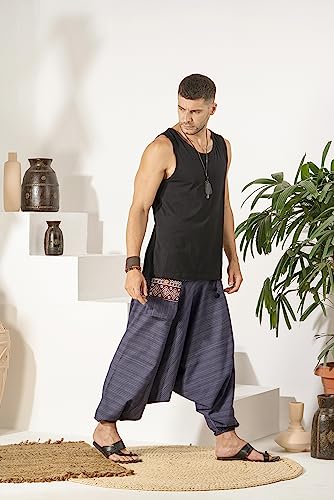 Image of The Veshti Company Cotton Baggy Pants Drop Crotch Harems for Men's Loose Boho Oversized Striped Meditation Yoga Pant with Pocket