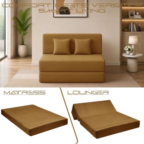 Image of Los Angeles Foldable 2 Seater Sofa Cum Bed, Sofa Bed 4X6 Feet Jute Fabric Washable Cover- Including Two Cushion Perfect for Living Room - Golden Color