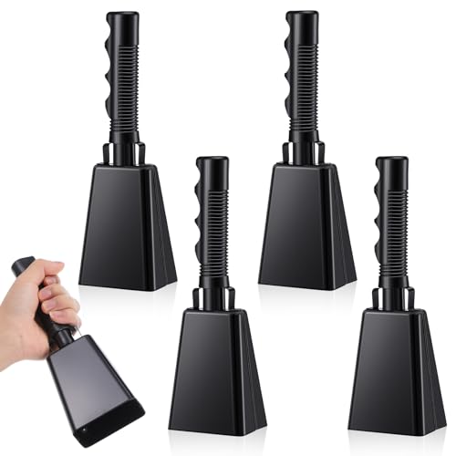 4 Pack 9 Inch Black Cowbell with Handle, Loud Steel Cowbells for Sporting Events, Football Games, Stadium Cheering, Graduation Parties and Concerts - Bulk Noise Makers Set