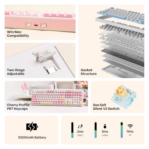 Image of EPOMAKER TH108 Full Size Mechanical Keyboard, Wireless Gaming Keyboard with 10000mAh Battery, Creamy Gasket, 108 Keys, Hot Swap, Custom Driver, RGB Backlight (Pink, Sea Salt Silent)