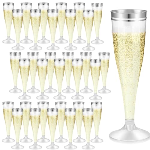 Skylety 100 Pcs Champagne Flutes Bulk 4.5 oz Clear Plastic Toasting Glasses Plastic Champagne Glasses Mimosa Glasses Disposable Cocktail Cups with Rim for Wedding New Years Eve(Silver)
