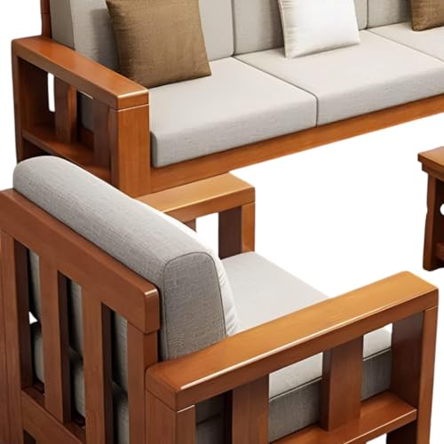 Image of MISAN Wooden Living Room Sofa Set | 6 Seater Sofa Set | Solid Sheesham Wood Sofa Set for Living Room (3+2+1 Brown,Natural Teak Finish)