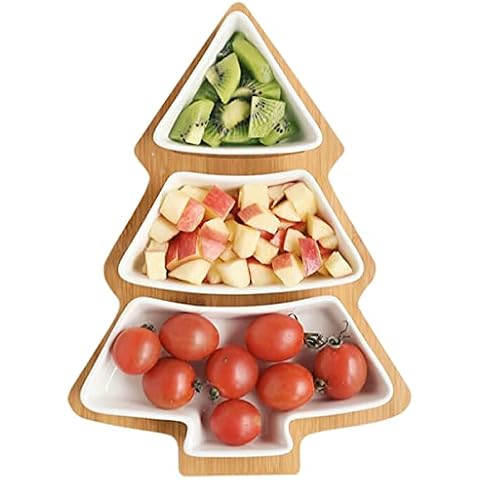 Loticy White Tree Plates Chip & Dip Set, 11 Inches Ceramic Snack Plate with Bamboo Tray, Removable Porcelain Christmas Tree Appetizer Dessert Fruit Salad Saucers Bowl, Cutlery Platter Serving Dish Cover