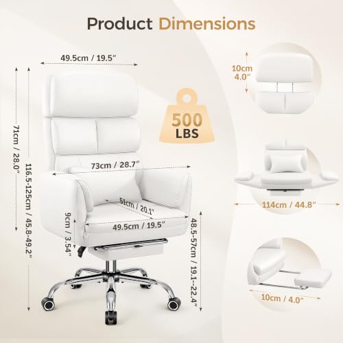 Image of Big and Tall Office Chair 500LBS, Ergonomic High Back Leather Executive Chair, Reclining Swivel with Adjustable Armrests Lumbar Support Footrest, Cross Legged, White