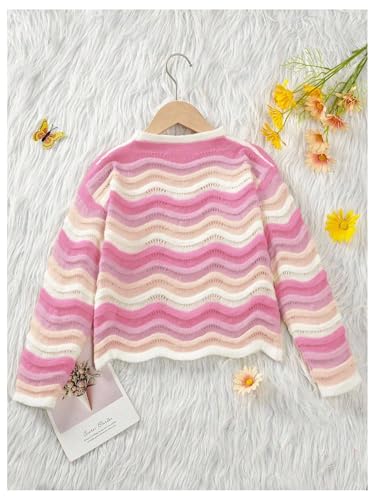 MakeMeChic Girl's Colorful Striped Sweater Top Long Sleeve Crew Neck Fall Lightweight Pullover2