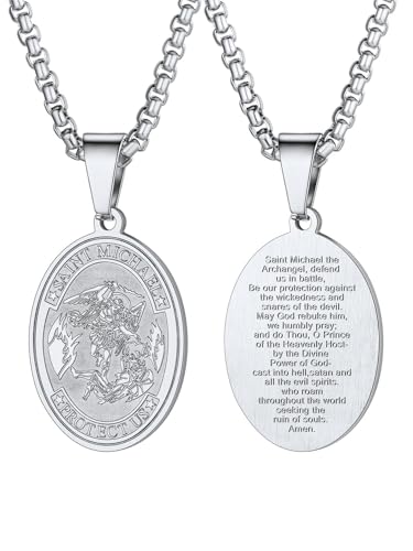 U7 St Michael Pendant for Men Stainless Steel Saint Michael Necklace St Michael Pendant Oval Religious Amulet Necklace for Men Women Protection Catholic Jewelry