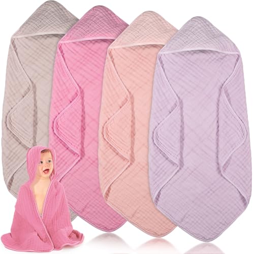Image of Peryiter 4 Pcs Muslin Hooded Baby Towels 32 x 32 Inch Cotton Newborn Bath Essentials Muslin Infant Blankets Absorbent Registry Gifts for Girl Boy Kids Baby Shower (Pink Series)