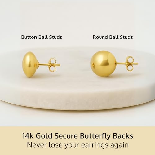 14K Gold Stud Earrings for Women | Yellow Solid Gold Flat & Full Ball Earrings with Gold Butterfly Backs | 4MM-8MM Hypoallergenic Real 14K Button Ball Studs for Women & Men by MAX + STONE3