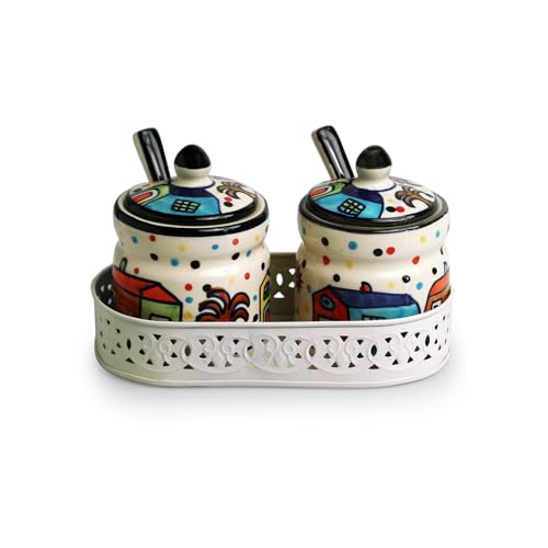 Image of ExclusiveLane 'The Hut' Ceramic Pickle Jars for Dining Table Ceramic Container With Spoons & Iron Tray(Non Air-Tight,Set Of 2,280 ml)|Ceramic Jars for Kitchen Storage Pickle Jar for Storage,Multicolor