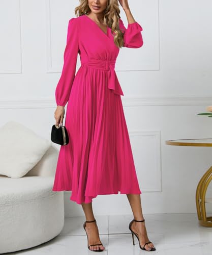 New Women's Long-Sleeved V-Neck Dress with a Fitted Waist Belt and Pleated A-line Skirt.3