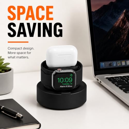 Image of Mizi 3in1 Charging Stand for Apple Watch Charger & AirPods Holder Dock, Silicone Desk Organizer for Apple Watch S 11 /10 /9 /8 /Ultra /SE and AirPods 4 /3 /2 /1 Pro, Phone Stand & Cable Management - Black