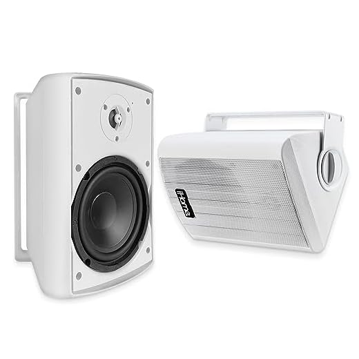 iHome IHSI-W525BT-PR-WHT Bluetooth Indoor/Outdoor All Weather Weatherproof 5.25 Inch Small 150W Watt Wall/Ceiling Mounted Surround Sound Powered Patio Speakers System Pair in Home Party Enclosure