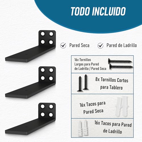 4 Pzs Escuadras para Estanterias, 25cm Soportes para Estanterías, Escuadras Metalicas, Soportes Balda Flotante Pared de Estantería para Cocina | Dormitorio | Estudio (Negra) - imagen 4