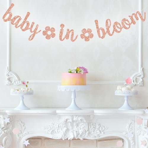 Image of Baby in Bloom Banner, Floral Theme Baby Shower Decorations, Spring Baby Shower Gender Reveal Pregnancy Announcement Party Decorations, Rose Gold Glitter