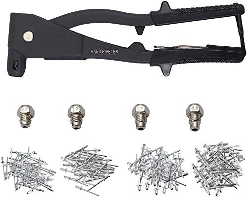 Justech 10-inch Heavy Duty Hand Rivet Gun Set with 200PCs Rivets 4 Nosepieces 2.4mm 3.2mm 4.0mm 4.8mm, Single Hand Manual Rivet Tool
