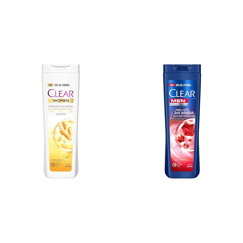 Clear Women Saç Dökülmesine Karşı Zencefil Özü Kepeğe Karşı Etkili Şampuan 350 ml(1) Clear Men Kepeğe Karşı Etkili Şampuan Hızlı Stil 2'si 1 Arada Kolay Şekil Alan Saçlar 350 ml Mavi(1)