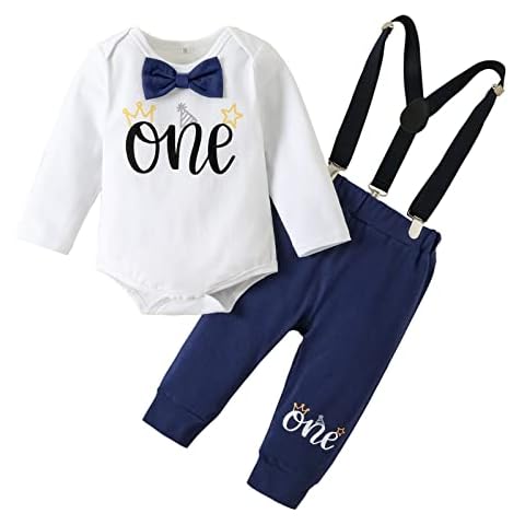 Haokaini Baby Boys 1st Birthday Cake Smash Outfits Gentleman Long Sleeve Letter Bow Tie Romper Suspender Pants 3Pcs Clothes Set Cover