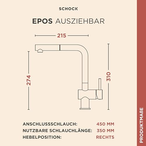 SCHOCK® Küchenarmatur Epos Onyx I schwarze Hochdruck Armatur mit ausziehbarer Schlauchbrause I 360° drehbar I Spültischarmatur für Küchenspüle I Design modern I wassersparend I Einhebelmischer Messing