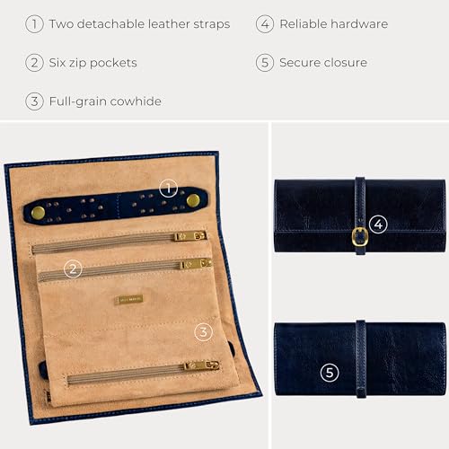 Image of Time Resistance Leather Jewelry Roll - Full Grain Leather Travel Jewelry Case - Jewellery Organizer Made in Italy (Blue)