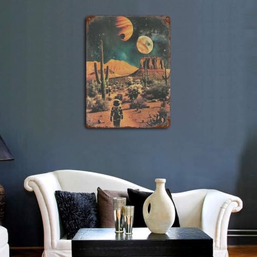 Cartel de metal vintage de gato vaquero espacial en hierro resistente para decoración de pared 3