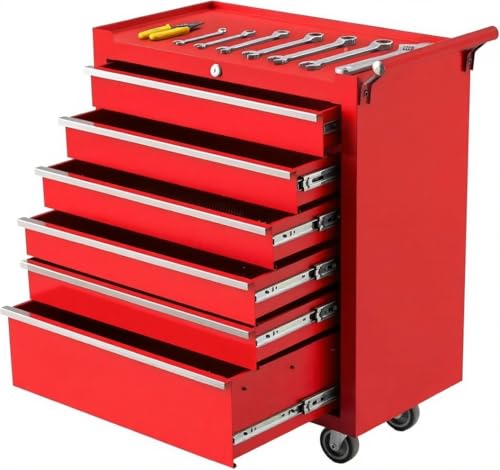 Rolling Tool Box with Wheels, 6 Drawer Tool Storage Cabinet, Portable Toolbox Organizer with Lock, Heavy Duty Tool Chest Cart for Garage, Mechanic, Workshop, Shop, Mobile Tool Organizer, Red