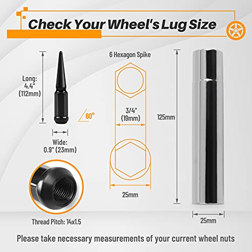 Mikkuppa M14X1.5 Wheel Spike Lug Nuts, 32 Pcs Chrome Spiked Lug Nuts 14Mmx1.5 Solid 4.4" Tall Acorn Lug Nut With 1 Socket Key Replacement For Chevy Silverado 1500 2500 3500, F150 F250 F350 #TOP1