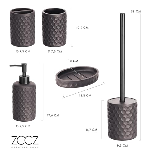 ZCCZ Badezimmer Set – 5 Teile – Badezimmer Organizer mit Toilettenbürste, Zahnbürstenhalter, Seifenspender, Seifenschale – Edle Badezimmer Deko, geometrisches Hexagon-Muster, Bronze