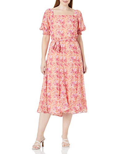 Gabby Skye womens Plus Size Gabby Skye Short Sleeve Square Neck Midi A-line Floral Print Chiffon Dress, Blush/Coral, 14-15 Plus
