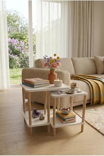 Modern Traverten Zigon Sehpa İkili Set Minimal Tasarım Yan Sehpa Dekoratif Ahşap (Beyaz)