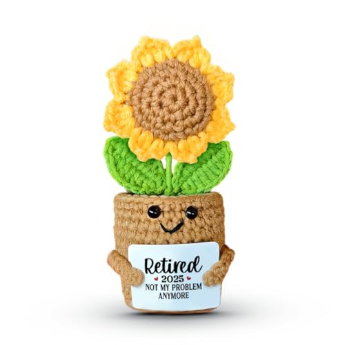 SOL VIBES Retirement Gift for Woman – Handmade Mini Sunflower Crochet with “Retired 2025 Not My Problem Anymore” Card – Cute Funny Retirement Decoration for Women, Teachers, Coworkers, Nurses