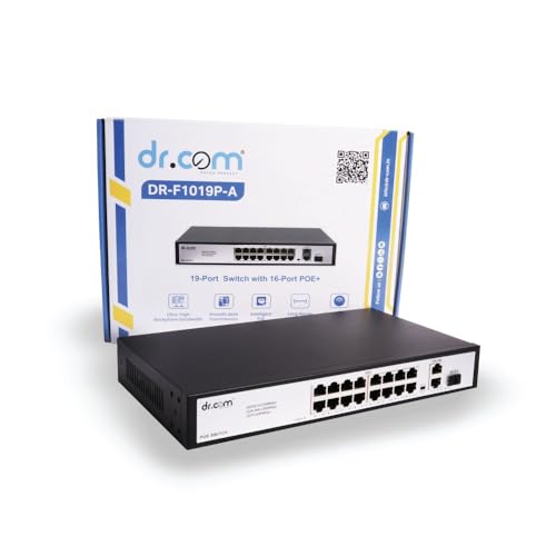 Image of dr.com 19 Port PoE Switch with 16 10 /100 PoE Ports 2 Gigabit 10 /100 /1000 Uplink Ports and 1 SFP Slot 250W Power IEEE 802.3af /at Network Switch for CCTV IP Camera Plug and Play