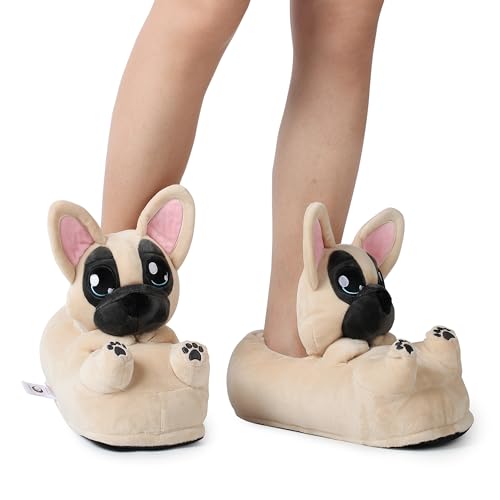 corimori Süße Plüsch-Hausschuhe (10+ Designs) Frenchie „Zorro“ Slipper Einheitsgröße 25-33.5 Unisex Pantoffeln Beige Schwarz