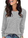 Tankaneo Womens Long Sleeve Sweater Fall 2025 Crew Neck Sweaters Dressy Casual Ribbed Trendy Tops Gray