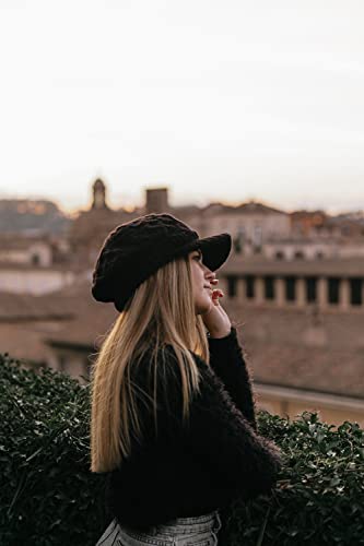 Comhats Winter Newsboy Hats For Women With Brim Knit Visor Caps Wool Bill Ladies Bill Beret Silk Warm Black #TOP3