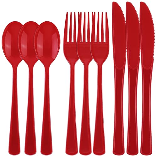 Kochorie 300 Pieces Graduation Red Plastic Silverware Heavy Duty Plastic Cutlery Set Heavyweight Disposable Flatware Includes Spoons Forks Knives for Party Prom Night Wedding Dinner