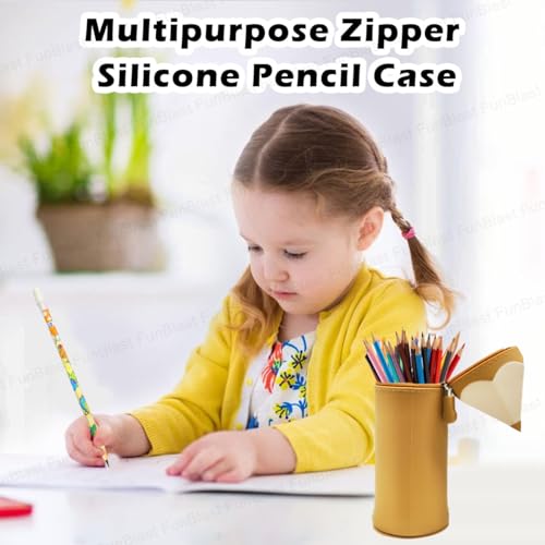 Image of FunBlast Pencil Case - Brown, Multipurpose Zipper Silicone Pouch, School Supplies Organizer, 23 X 7 X 7 CM