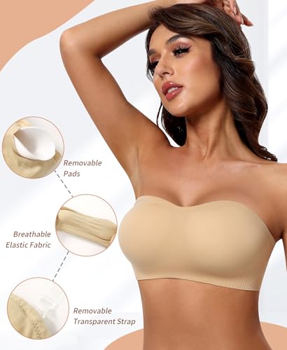 Image of DOCUMO Strapless Bra for Women Padded Bandeau Bra Non-Slip Silicone Seamless Wireless Tube Top (Beige, Large)