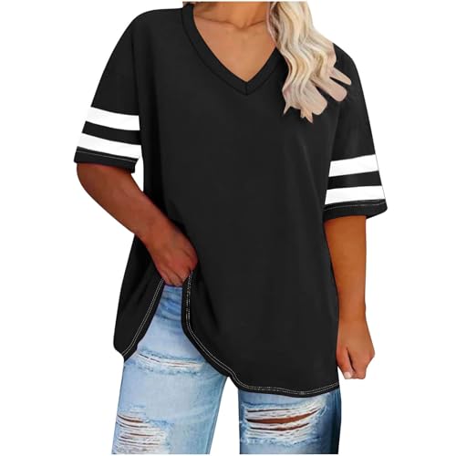 Plus Size Tops for Seniors Women Dressy Summer Trendy V Neck Loose Fitting Tshirts Shirts Short Sleeve Oversized Tees Black 3X