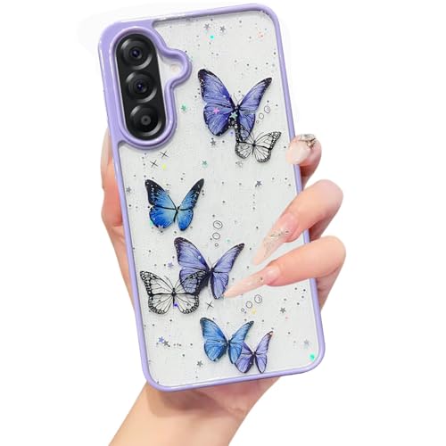 Image of VONZEE for Samsung Galaxy A56 5G Clear Glitter Butterfly Case, Cute Bling Sparkle Shiny Soft Silicone TPU Bumper Shockproof Women Girls Slim Protective Phone Back Cover for Galaxy A56 5G, Purple