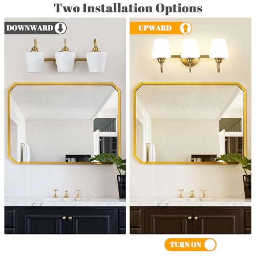 Image of LASENCHOO 3 Lights Bathroom Vanity Light Vintage Bathroom Lighting Fixtures Over Mirror, Brass Wall Sconce Modern Wall Lights for Bedroom Living Room Hallway with Milky Glass Shade, E12 Socket