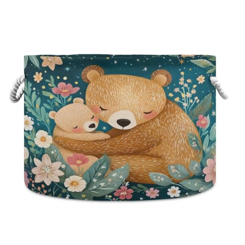 Storage Bin Basket Large Foldable Clothes Bag Round Collapsible Fabric Laundry Hamper Folding Washing Bin Bear Mama Baby Flowers