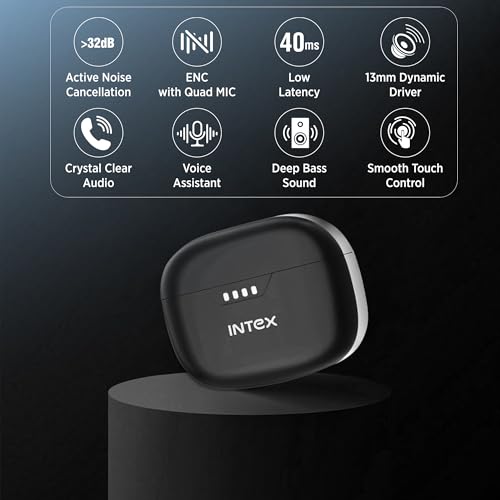 Image of Intex Excel Buds ITW202 (ANC), Active Noise Cancellation 32dB, 40ms Low Latency, Quad Mic, Upto 50Hr Playback, 13mm Dynamic Driver for Deep Bass & Crystal Sound, Bluetooth v5.3, Type C Charging(Black)