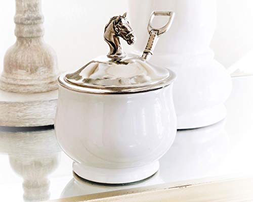 Vagabond House Equestrian Horse Pewter Metal Lid Ceramic Sugar Bowl With Spoon, Sugar Canister, Coffee Bar Accessories,Coffee Bar, Stoneware Bowl 3.75 Inch Diameter X 3.5 Inch Tall 8 Oz #TOP5