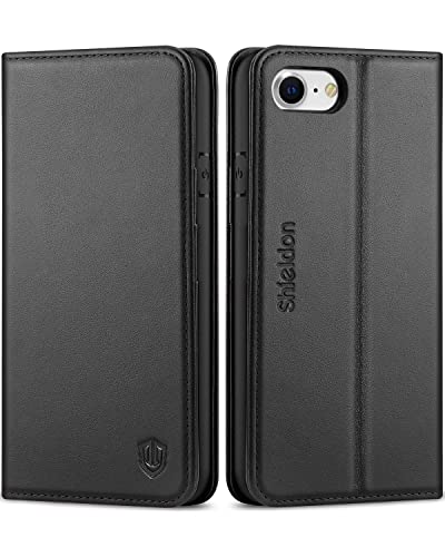 Shieldon Coque pour iPhone SE 2022 5G, Coque pour iPhone SE 2020, Etui Portefeuille Protection Cuir Véritable Fermeture Magnétique Fonction Stand et Rangements Cartes...