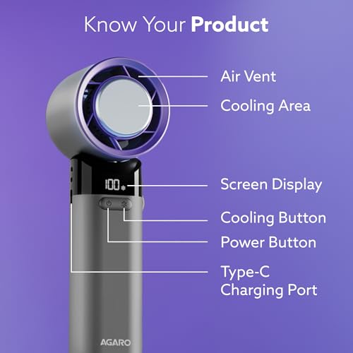 Image of AGARO Regency Rechargeable Mini Handheld Fan with Ice Touch Technology, 100 Adjustable Speeds, 4000mAh Battery, USB-C Charging, Foldable Portable Fan with Smart Digital Display, Use for Home