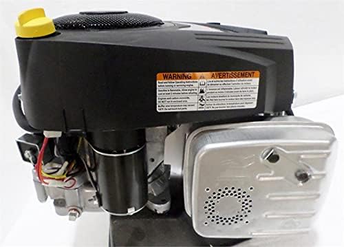 Side view of the Briggs & Stratton 19 HP 540cc Vertical Engine, showing the installed muffler and warning labels.