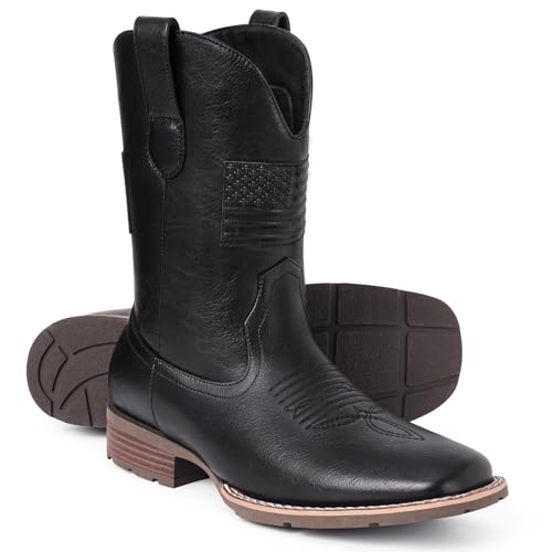 Image of Cowboy Boots For Men - Mens Square Toe Western Boot With Flag, Faux Leather Booties, Botas Para Hombre Vaqueras Suitable For Concert, Daily, Wedding