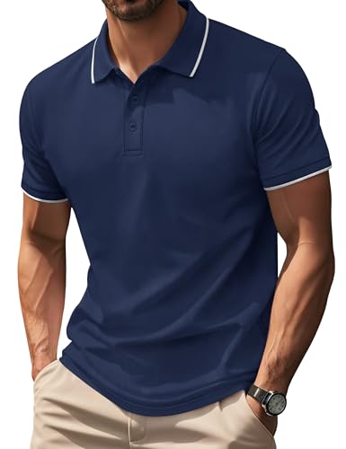 Cotrasen Polo Shirts for Men Short Sleeve Dual Tipped Collar Polo Shirt 3 Buttons Classic Fit Casual Golf Shirts Navy Blue XL