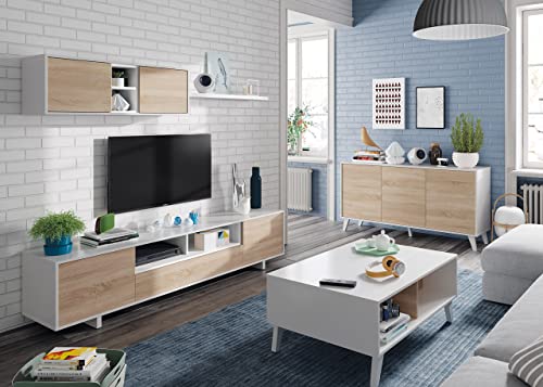 Habitdesign-Mueble-de-Salon-Moderno-Modulos-Comedor-Modelo-Belus-Acabado-en-Blanco-Brillo-y-Roble-Canadian-Medidas-200-cm-Ancho-x-41-cm-Fondo-x-46-cm-Alto